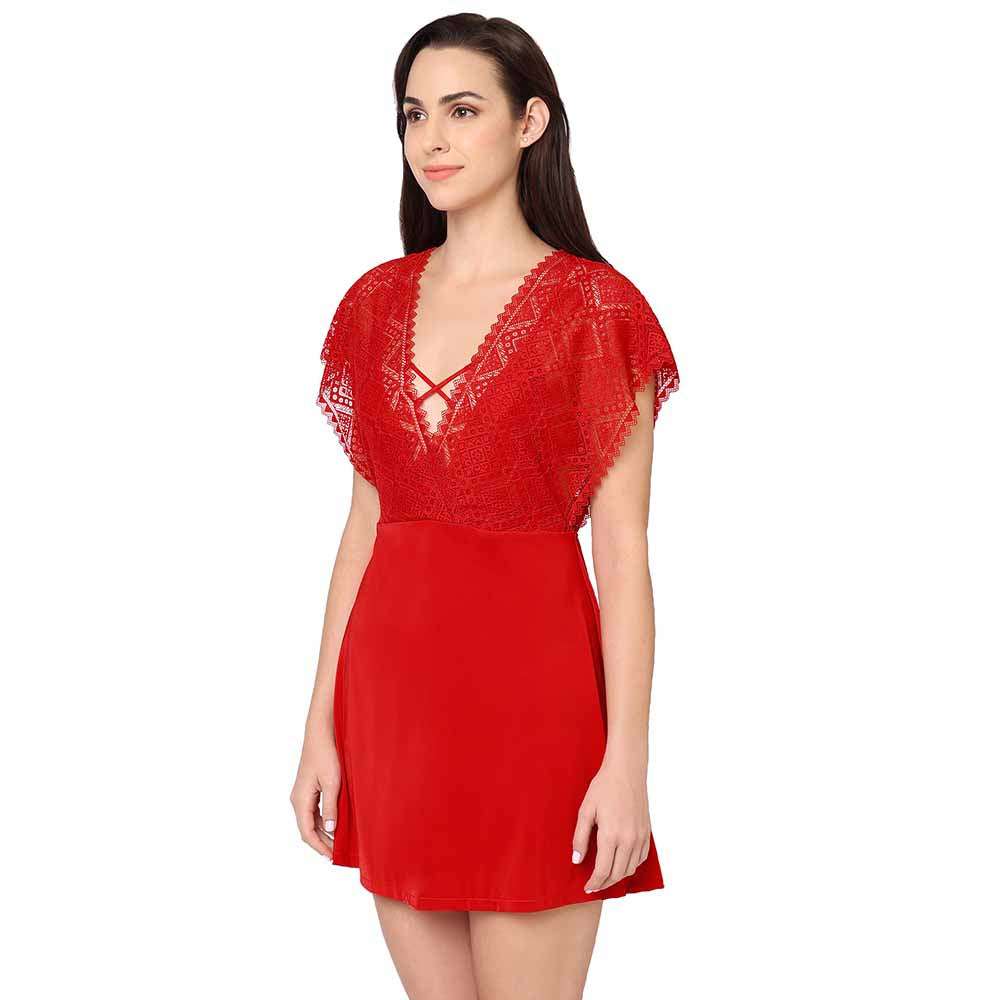 Gaia Non Padded Non Wired Bridal Wear Short Lace Babydoll Chemise - Red
