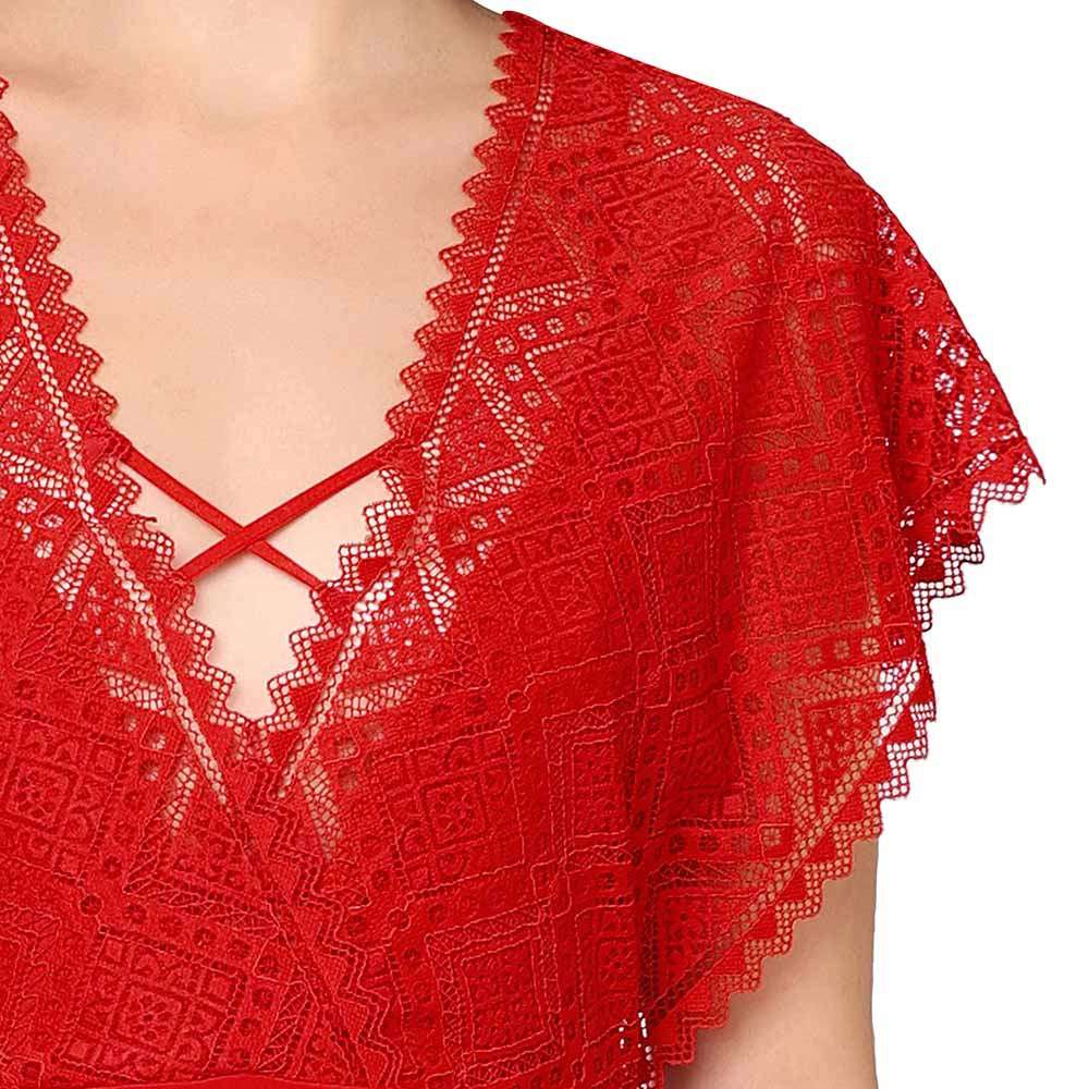 Gaia Non Padded Non Wired Bridal Wear Short Lace Babydoll Chemise - Red