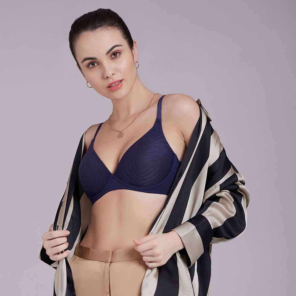 Mysa Padded Non-Wired 3/4th Cup Everyday Wear Medium coverage T-Shirt Bra - Navy Blue