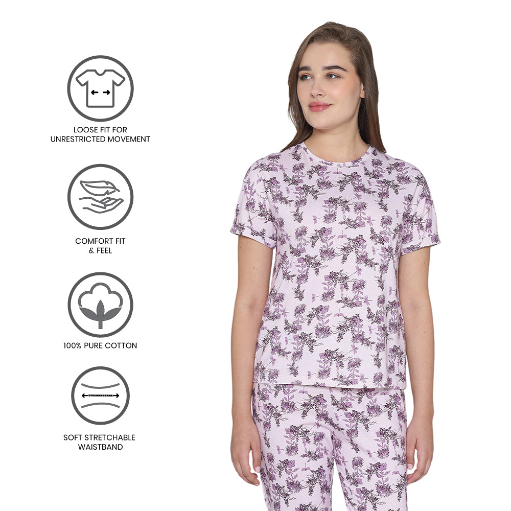 Wacoal Women’s Snooze Club Short sleeve Full Length Comfort Fit Pure Cotton Pajama Set- Lavender