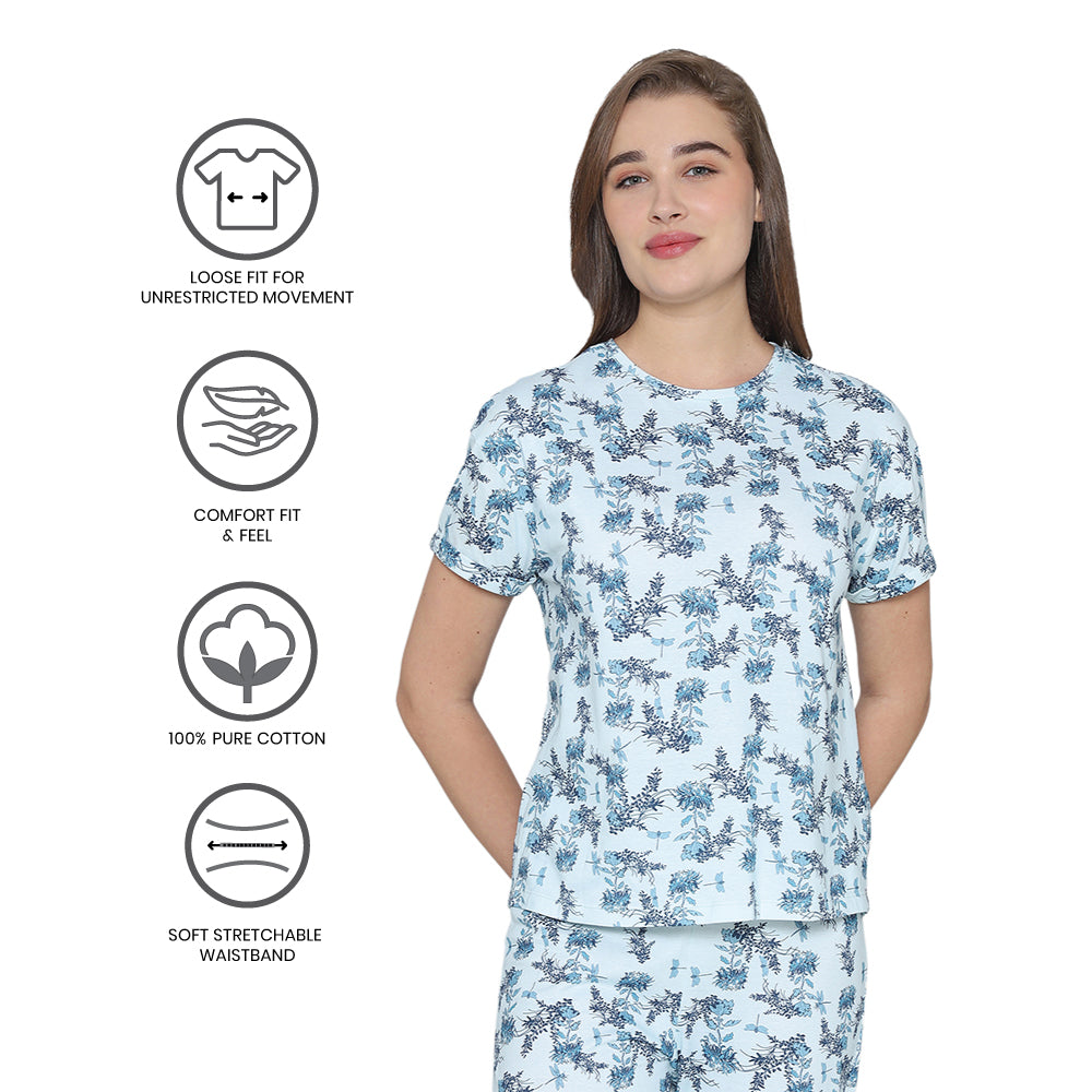 Wacoal Women’s Snooze Club Short sleeve Full Length Comfort Fit Pure Cotton Pajama Set-Blue