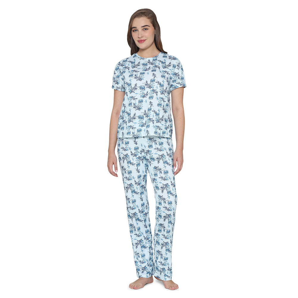 Wacoal Women’s Snooze Club Short sleeve Full Length Comfort Fit Pure Cotton Pajama Set-Blue