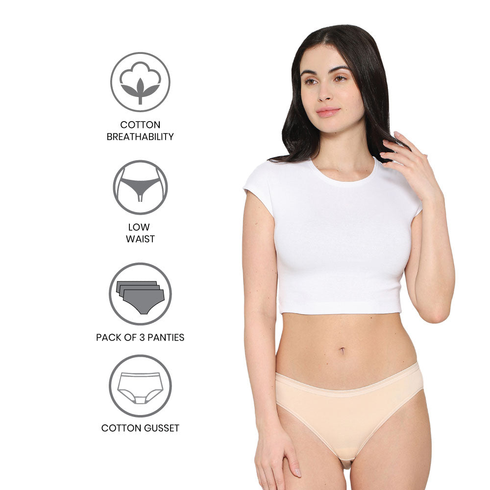 Cotton Low Waist Medium Coverage Everyday Wear Pack of 3 Bikini Panty