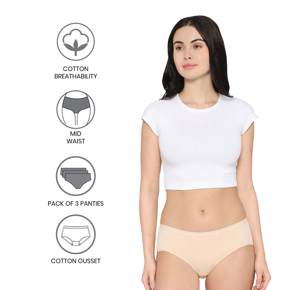 Cotton Mid Waist Medium Coverage Everyday Wear Pack of 3 Hipster Panty