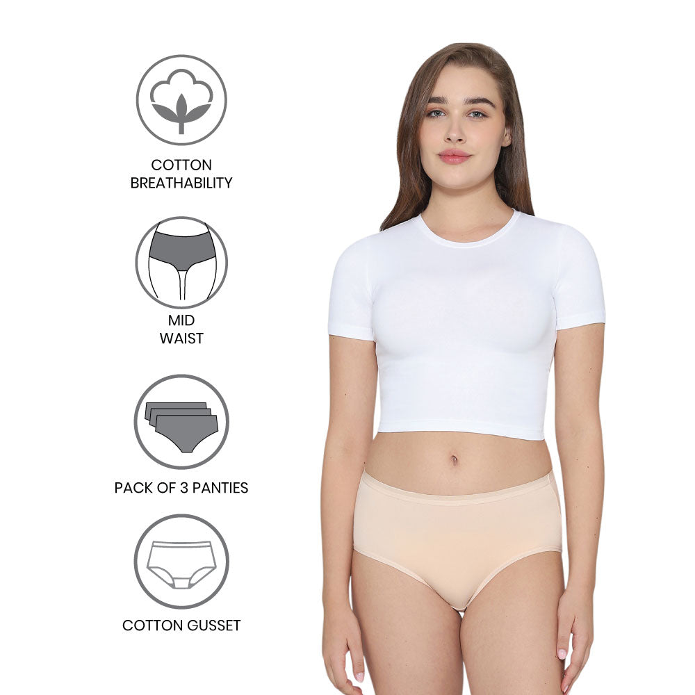 Cotton Mid Waist Medium Coverage Everyday Wear Pack of 3 Midi Panty
