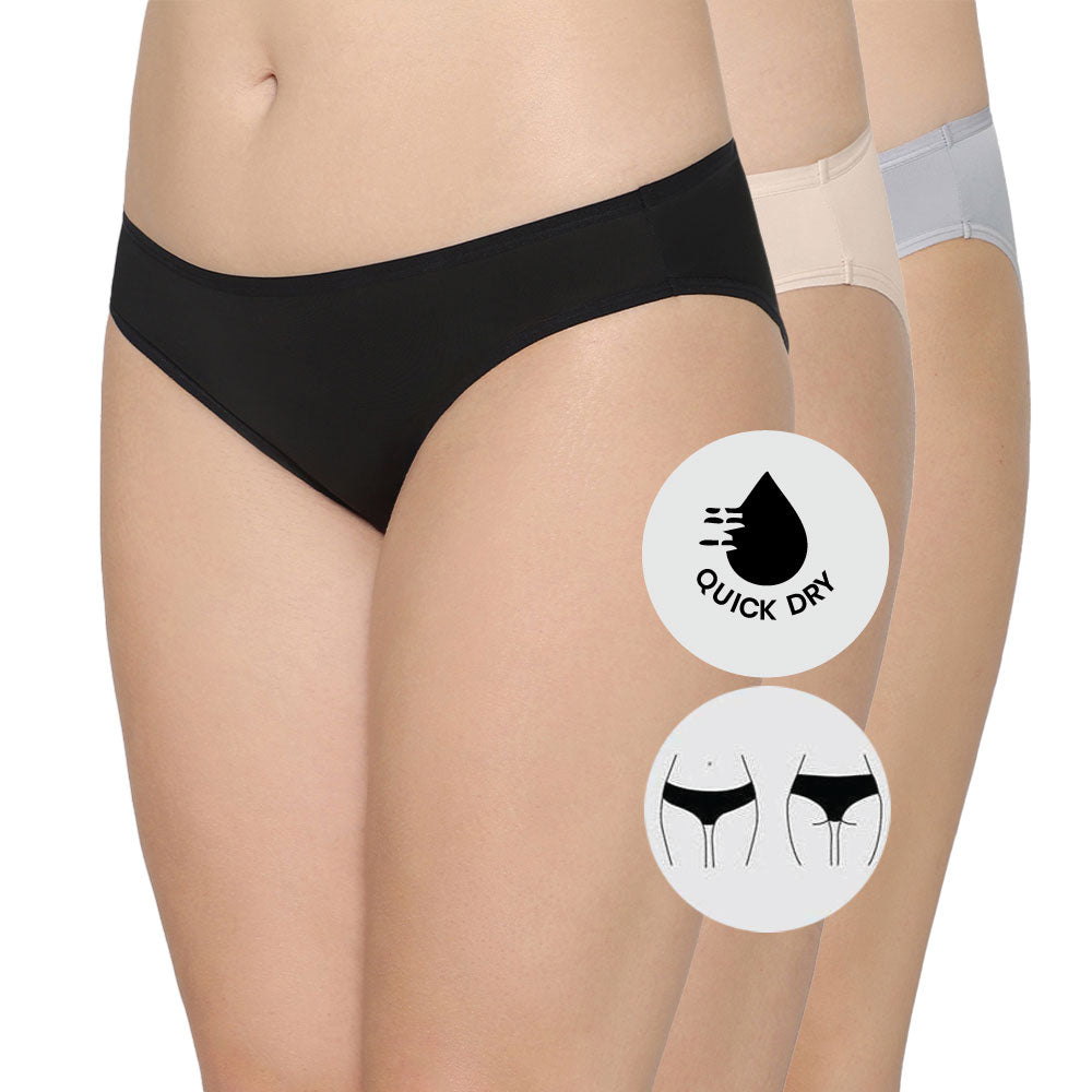 Quick Dry Low Waist Medium Coverage Everyday Wear Pack of 3 Bikini Panty