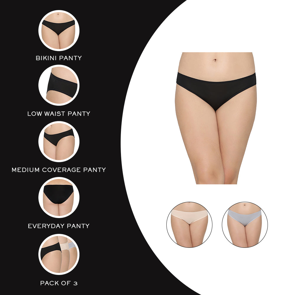 Quick Dry Low Waist Medium Coverage Everyday Wear Pack of 3 Bikini Panty