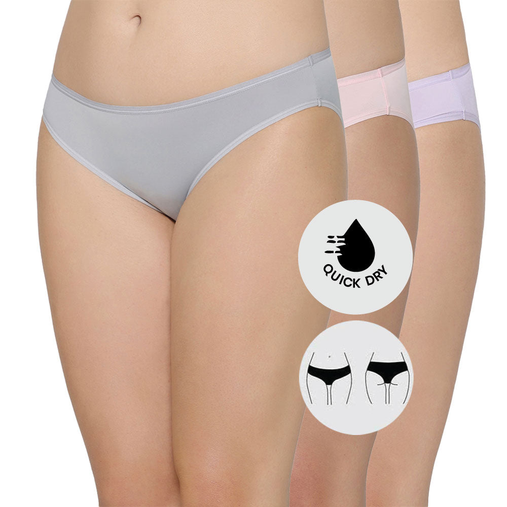 Quick Dry Low Waist Medium Coverage Everyday Wear Pack of 3 Bikini Panty