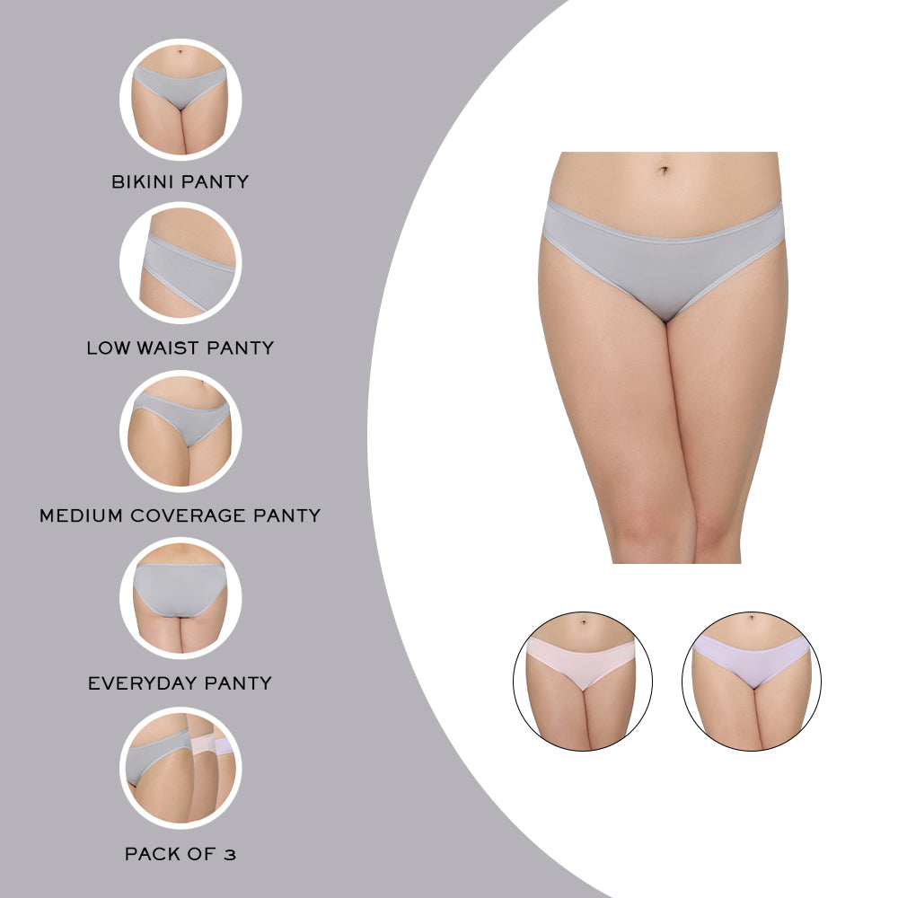 Quick Dry Low Waist Medium Coverage Everyday Wear Pack of 3 Bikini Panty