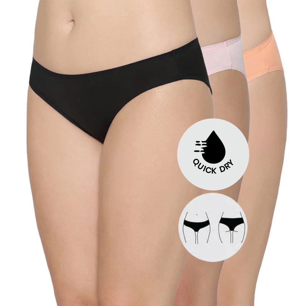 Quick Dry Low Waist Medium Coverage Everyday Wear Pack of 3 Bikini Panty
