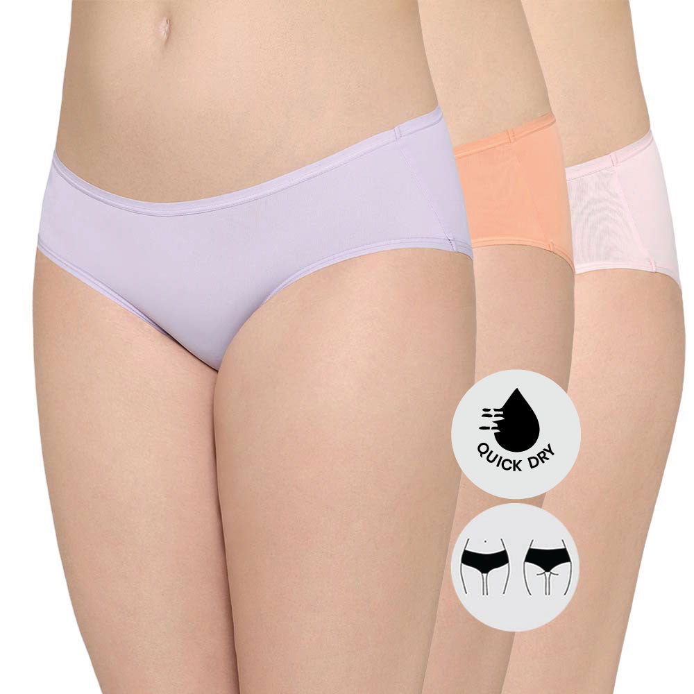 Quick Dry Mid Waist Medium Coverage Everyday Wear Pack of 3 Hipster Panty