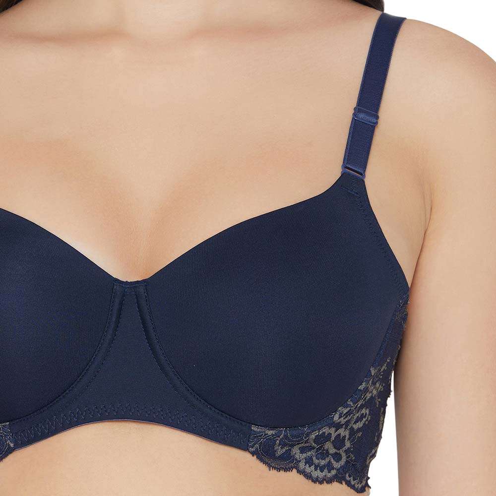 Love to Lace  Padded Wired  3/4th Cup Everyday Wear Medium coverage T-Shirt Bra - Navy Blue