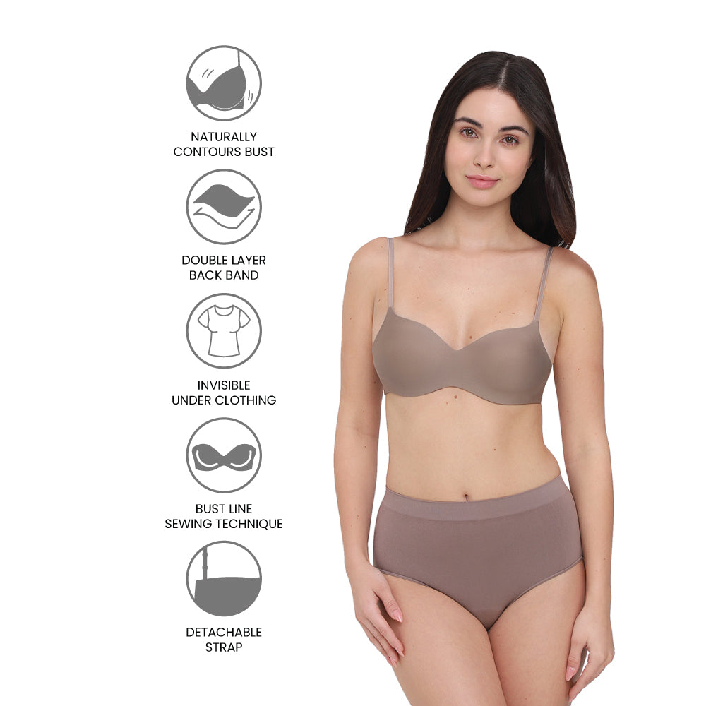 Basic Mold Padded Non-wired 3/4th Cup Everyday Wear Seamless T-shirt Bra-Brown
