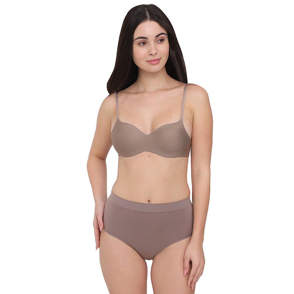 Basic Mold Padded Non-wired 3/4th Cup Everyday Wear Seamless T-shirt Bra-Brown