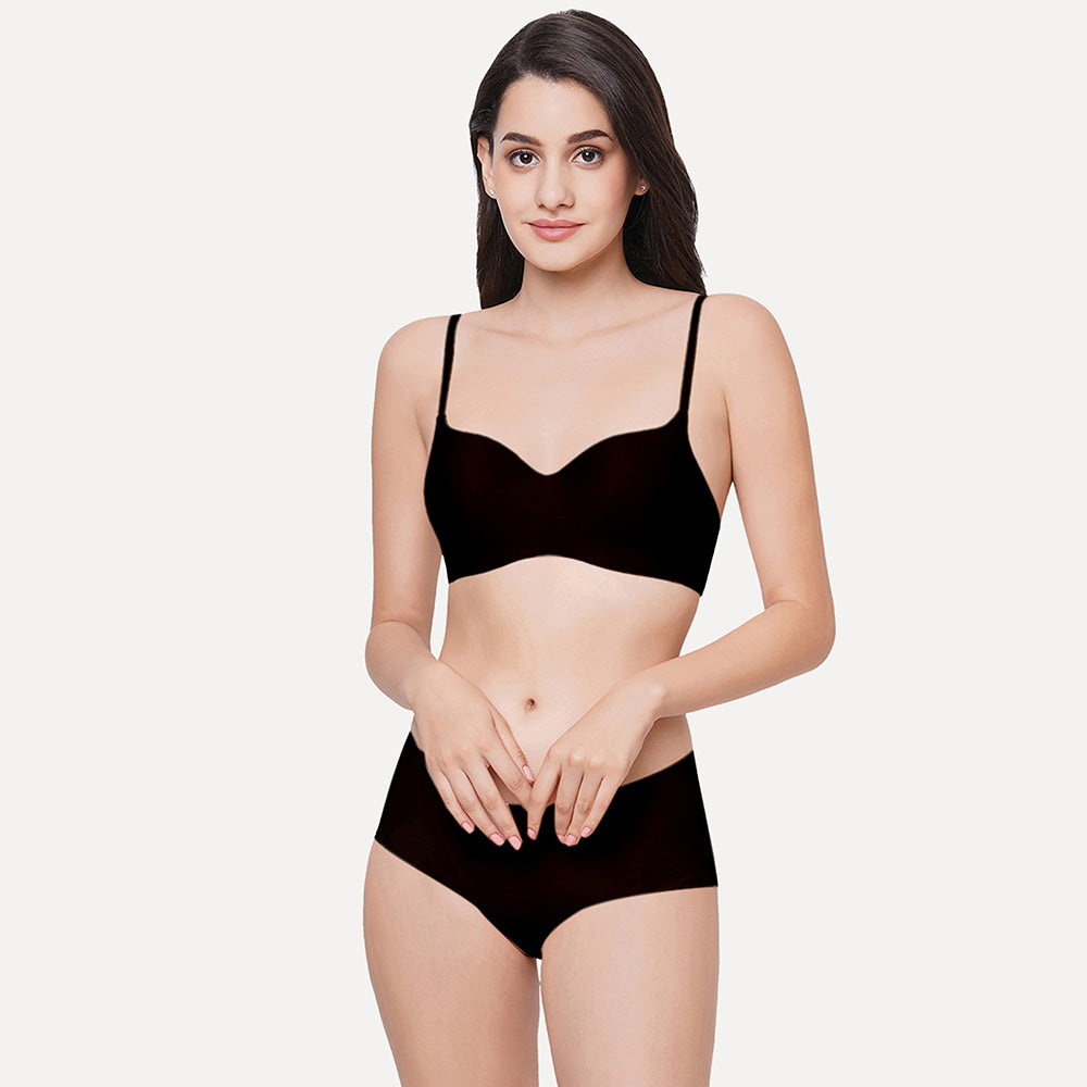 Basic Mold Padded Non Wired 3/4Th Cup Everyday Wear Seamless T-Shirt Bra - Black