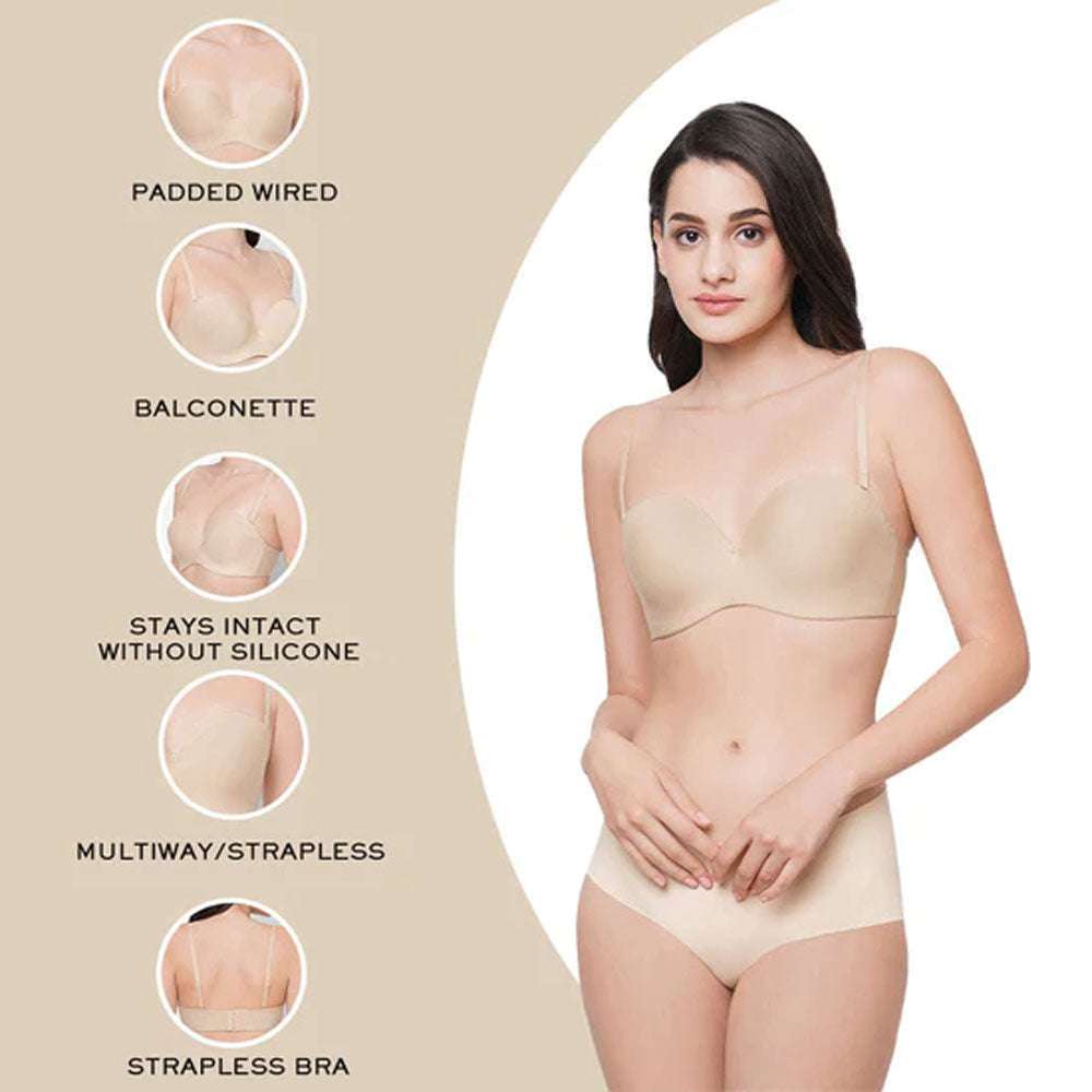 Basic Mold Padded Wired  Half Cup Everyday Wear Strapless Multiway Bra - Beige
