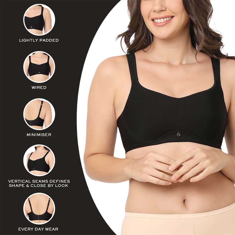 Asean Lightly Padded Wired Full Cup Everyday Wear Plus Size Full Support Minimizer Bra - Black