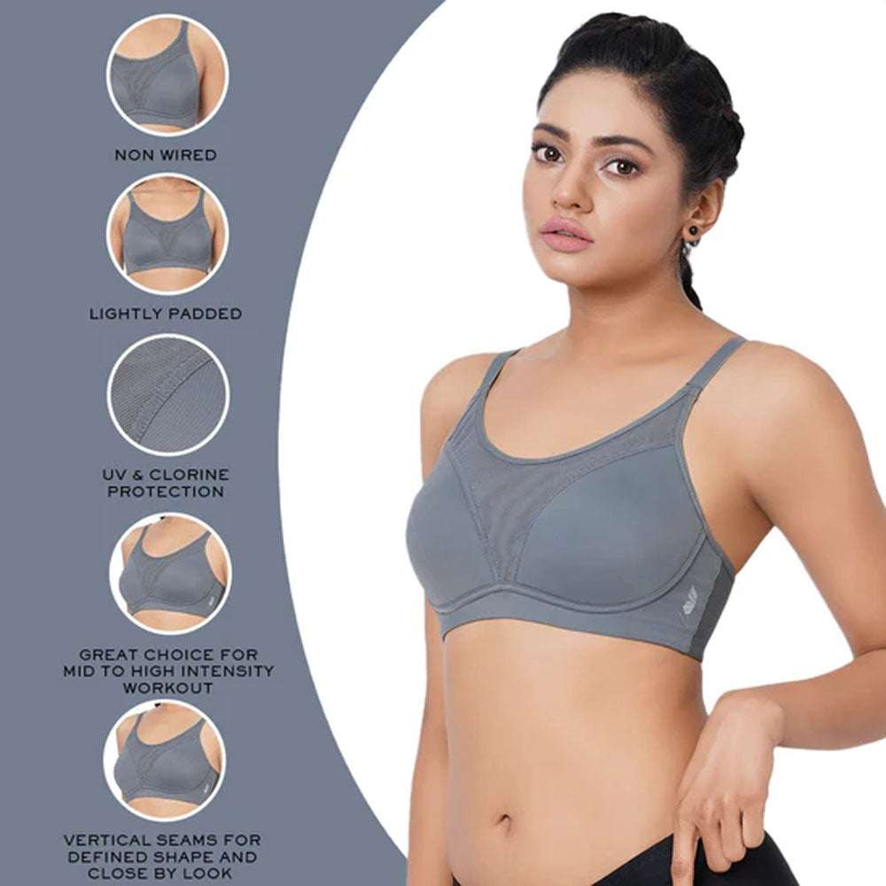 Asean Sports Padded Non-Wired Full Coverage Full Support High Intensity  Sports Bra - Grey