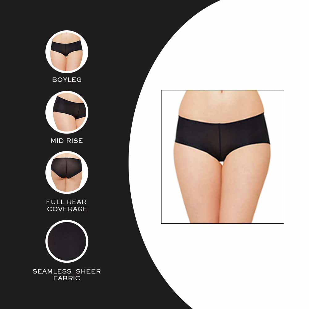 Feel Free Mid Waist  Full Coverage Everyday Wear Boy Leg Panty - Black