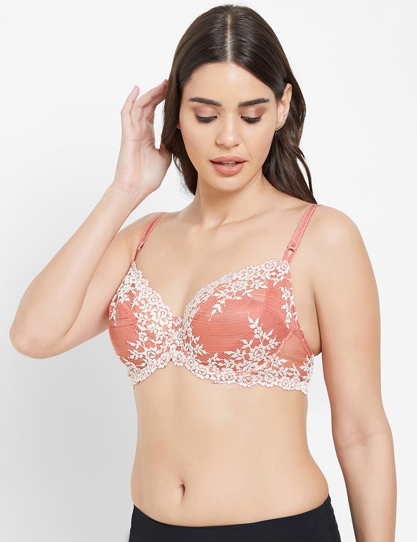 Embrace Lace Non Padded Wired 3/4th Cup Bridal Wear Medium coverage Fashion Bra - Coral
