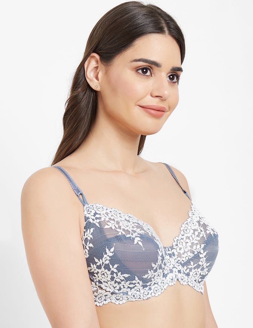 Embrace Lace Non Padded Wired 3/4th Cup Bridal Wear Medium coverage Fashion Bra - Blue