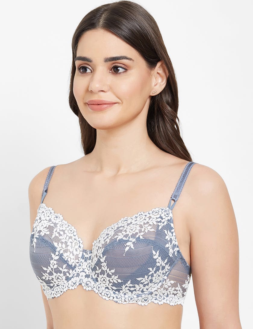 Embrace Lace Non Padded Wired 3/4th Cup Bridal Wear Medium coverage Fashion Bra - Blue