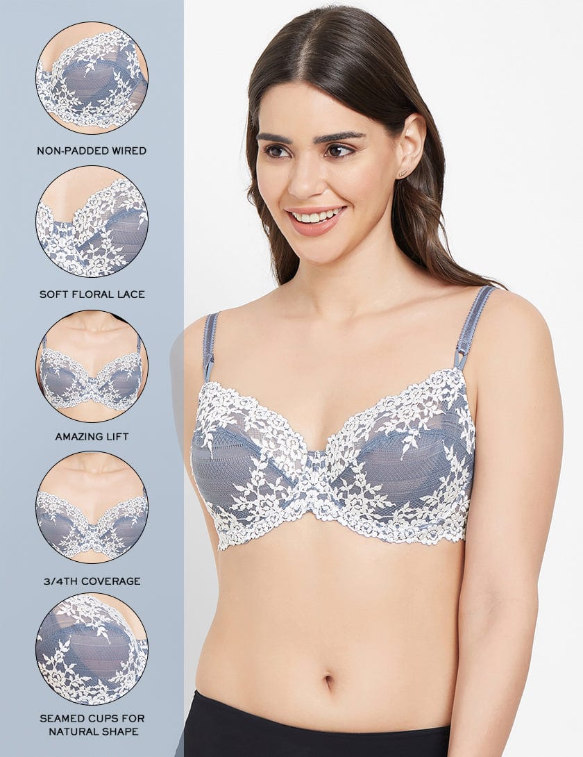 Embrace Lace Non Padded Wired 3/4th Cup Bridal Wear Medium coverage Fashion Bra - Blue