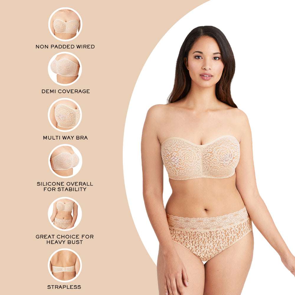 Halo Lace Non Padded Wired Half Cup Bridal Wear Plus Size Strapless Lace Bra - Beige