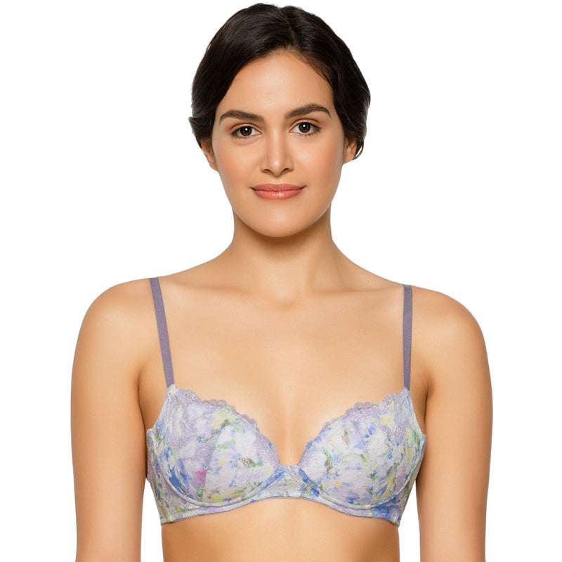 Zephyr Padded Non Wired 3/4Th Cup Push-Up Lacy Plunge Bra - Orange