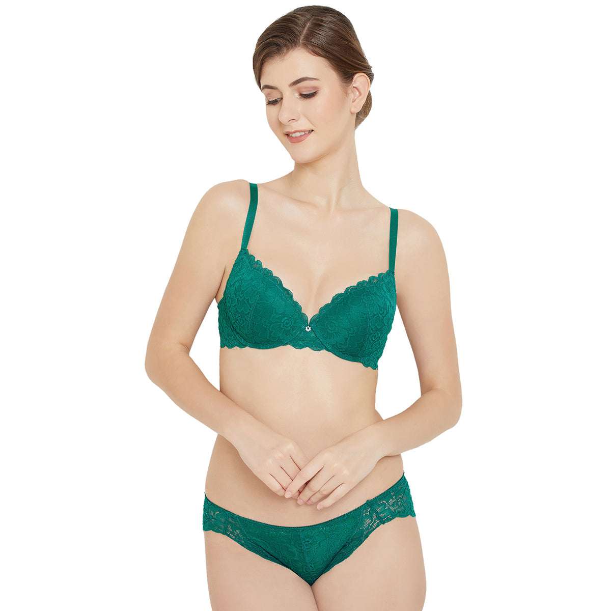 Plush Desire Push-Up Padded Wired 3/4th Cup Lacy Bra - Green